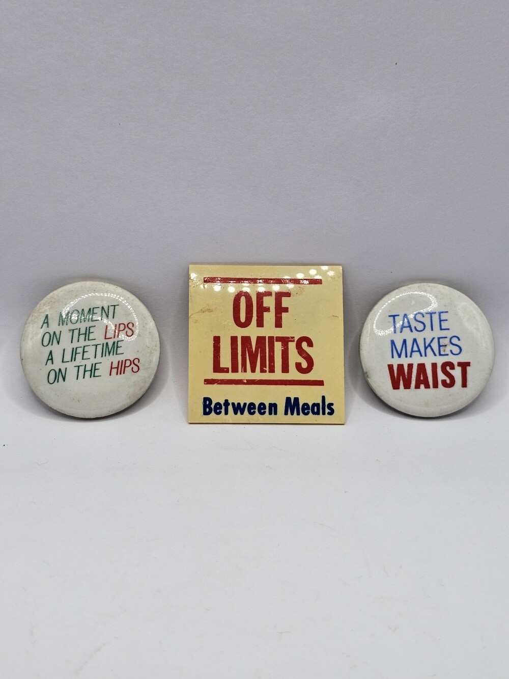 Vintage Dieting Memorabilia Kitsch Novelty Pins Buttons Lot of 3 Retro Kitsch